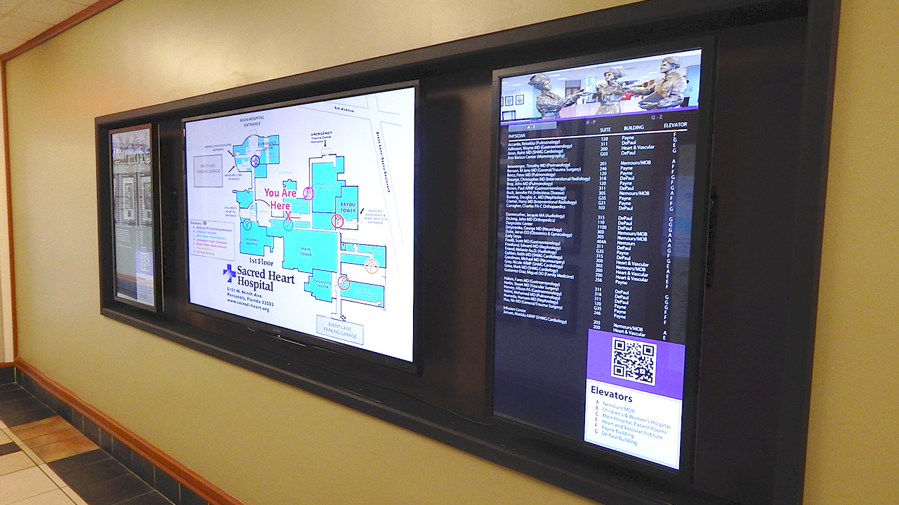 Digital Signage using interactive touch screen kiosks inform and entertain clients at Sacred Heart Hospitals